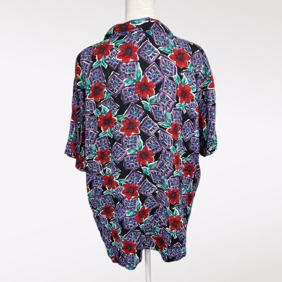 Vintage 80’s Fritzi Shirt Sleeve Button Down Shirt Floral Hawaiian Style Large - Picture 5 of 9